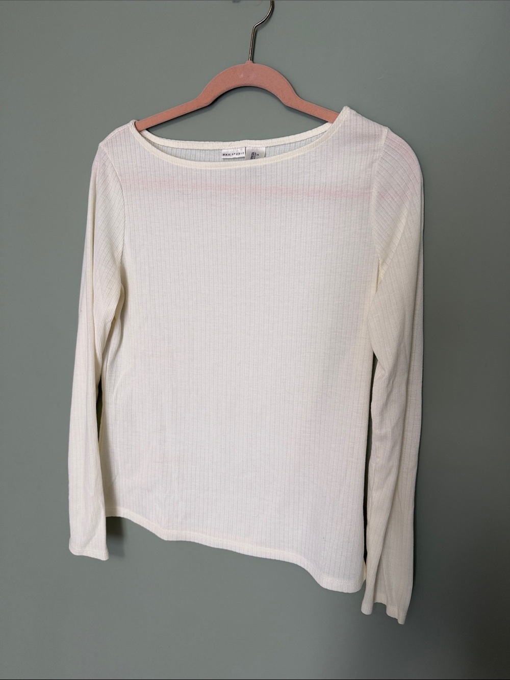 Max Studio Ivory Rib Knit Boat Neck Long Sleeve Top Size Large